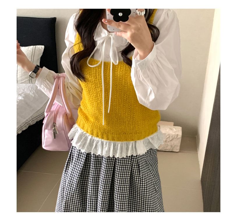 Long-Sleeve Lace Collar Plain Blouse