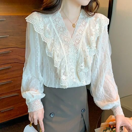 Ruffled Lace V-Neck Puff-Sleeve Blouse