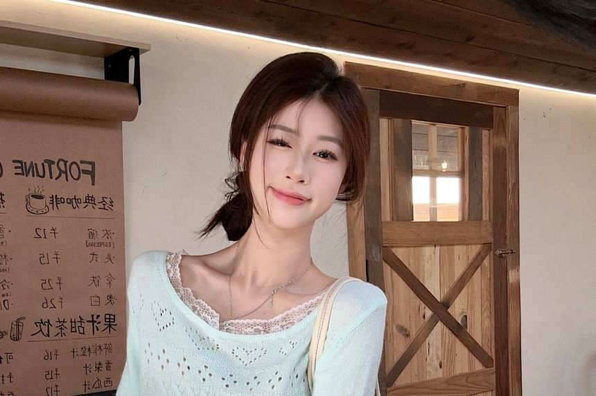 Lace-Trim Boat Neck Knit Top with Pointelle Details