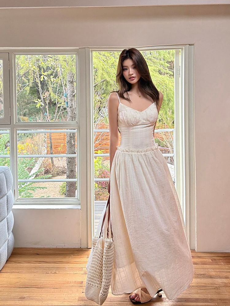 Spaghetti Strap V-Neck Plain Maxi A-Line Dress