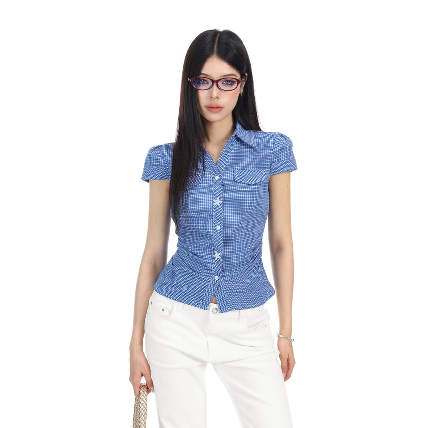 Plaid Ruched Short-Sleeve Shirt