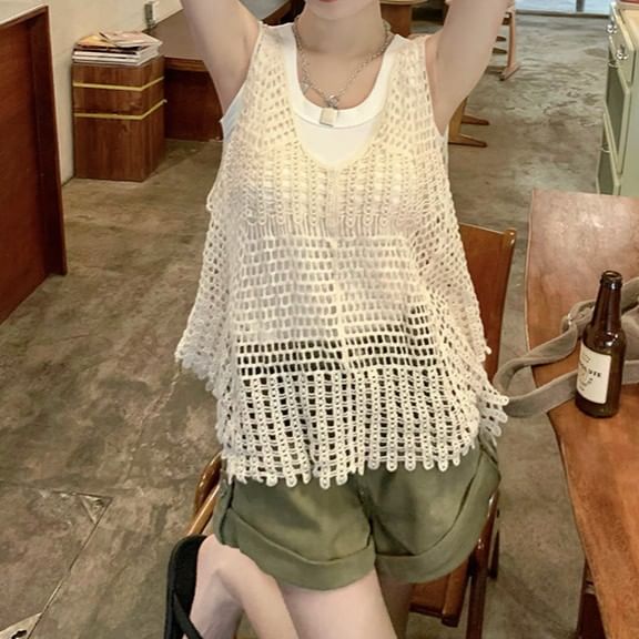 V-Neck Crochet Knit Tank Top