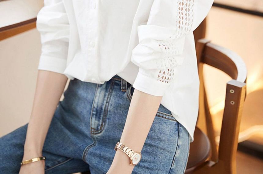 Long Sleeve Lace Trim Solid Shirt