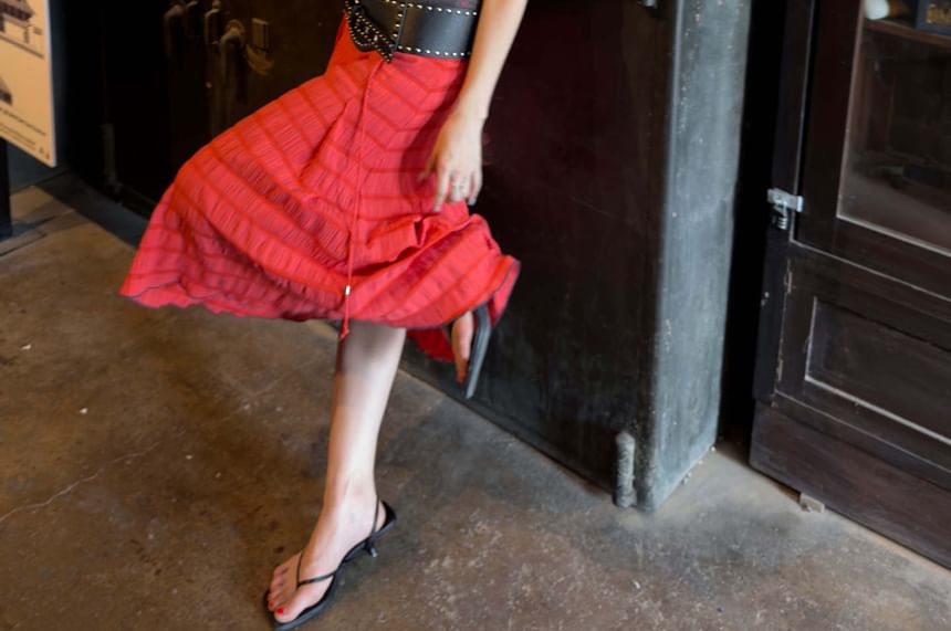 Low Waist Plain Textured Midi A-Line Skirt