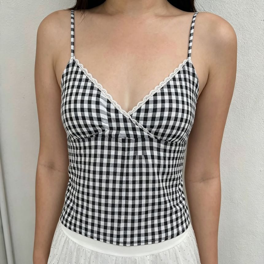 Checker Lace Trim V-Neck Camisole
