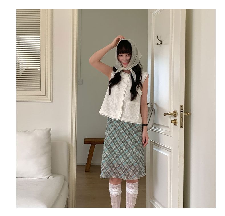 High Waist Plaid Mesh A-Line Skirt