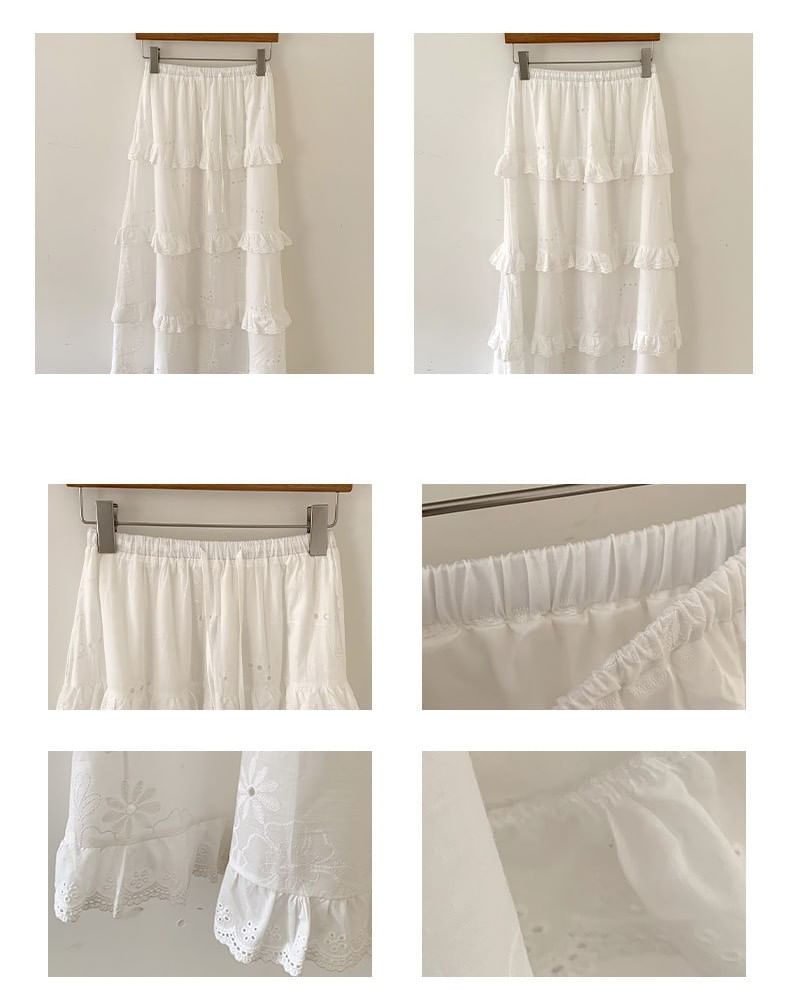 Mid Rise Plain Ruffle Trim Maxi A-Line Skirt