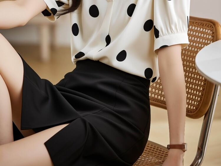 Dotted V-Neck Short Sleeve Blouse