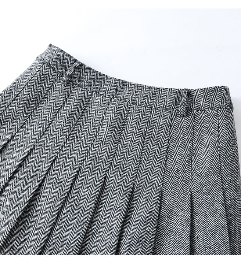 High Waist Herringbone Pleated Slit A-Line Skirt