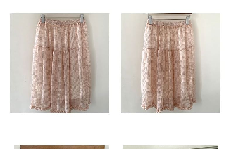 Elastic Waist Micro Dot Frill Trim Sheer Midi A-Line skirt