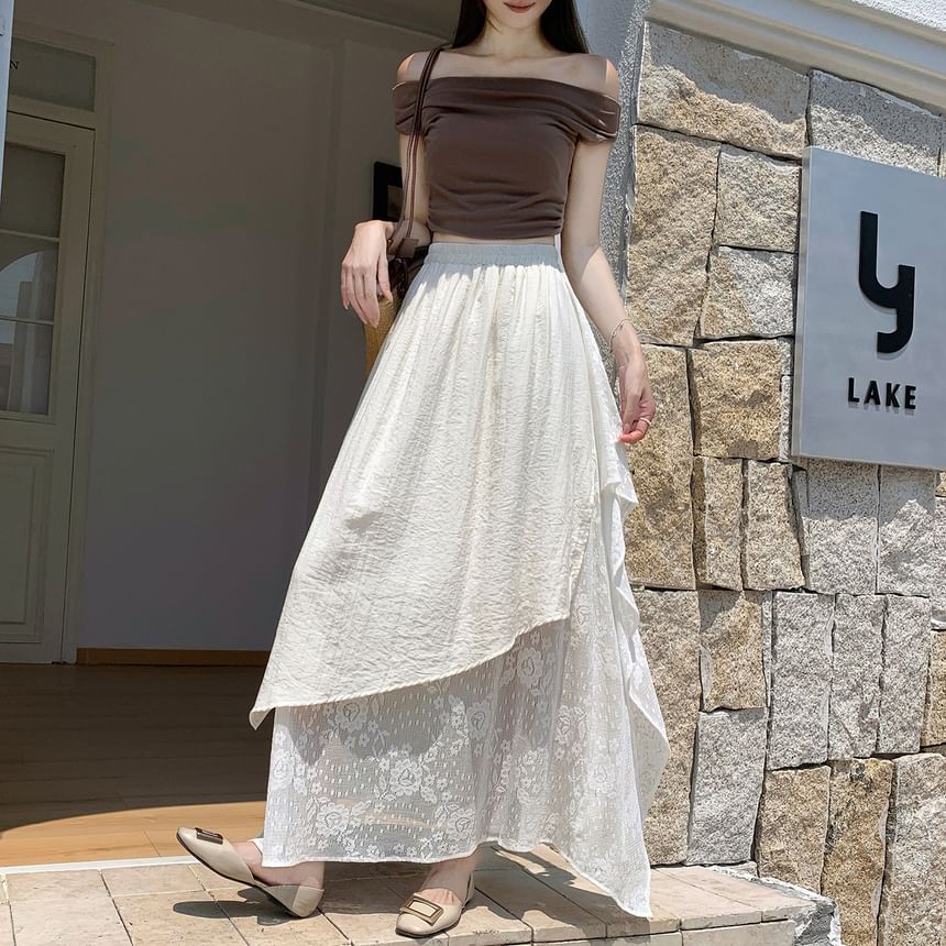 High Waist Asymmetrical Lace Panel Maxi A-Line Skirt