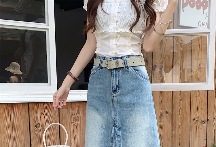 Mid Rise Washed Denim A-Line Skirt
