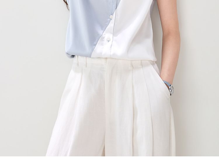 Short-Sleeve Collared Two Tone Button-Up Satin Blouse