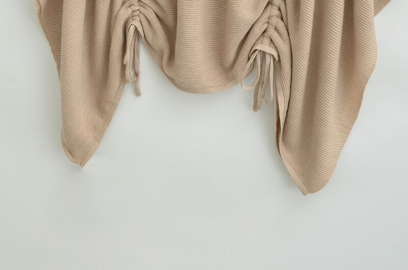 Elbow-Sleeve Off Shoulder Plain Drawstring Knit Top