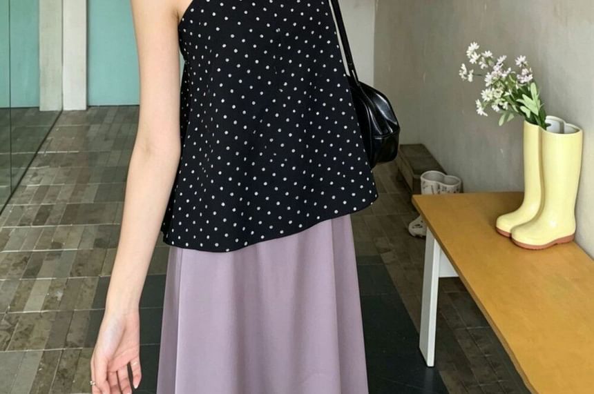 Set: Polka Dot Flowy Camisole Top + High Waist Plain Maxi A-Line Skirt