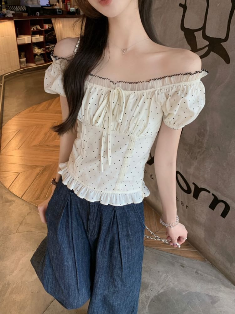 Short Sleeve Square Neck Dotted Ruffle Trim Blouse