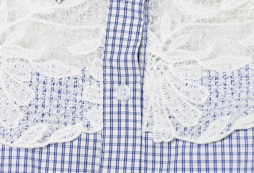 Gingham Check Lace Panel Shirt - Sleeveless
