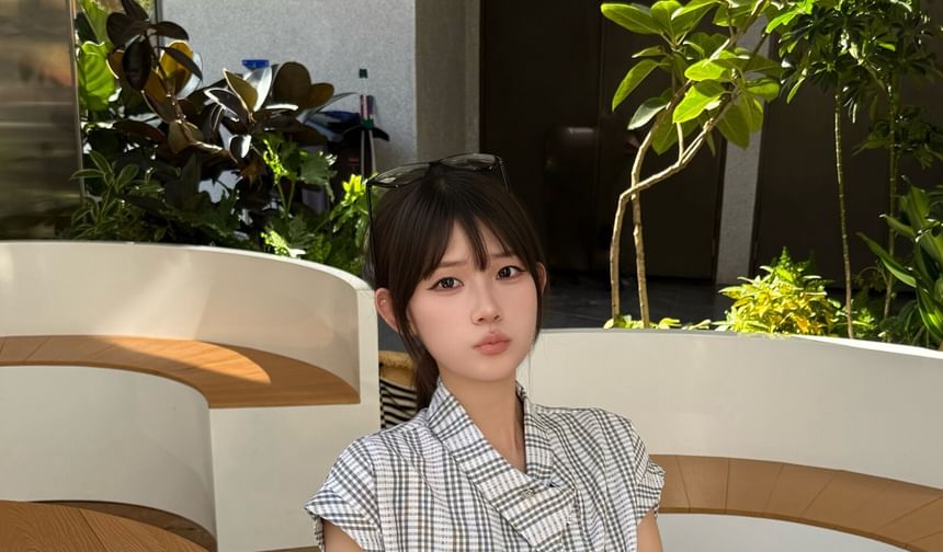 Asymmetric Plaid Button-Up Blouse - Collared