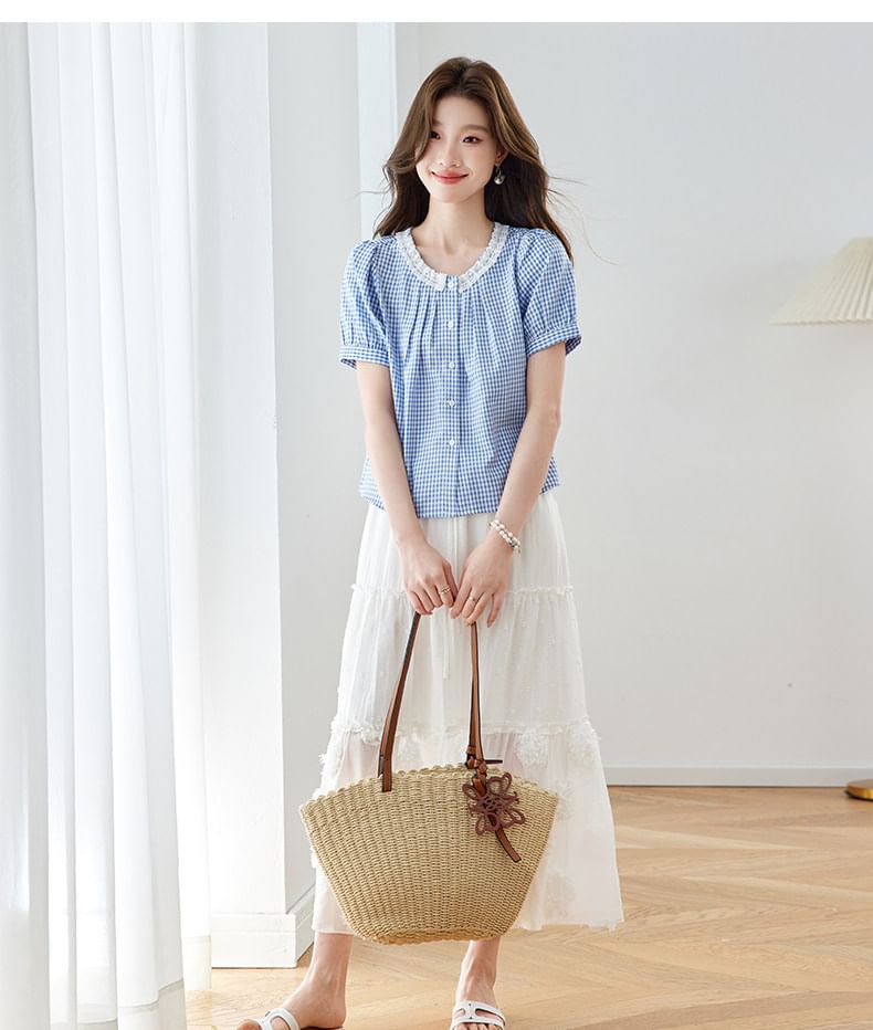 Puff-Sleeved Gingham Button-Up Blouse with Lace Trim