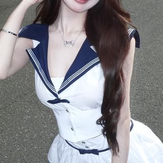 Sailor Collar Sleeveless Crop Top with Mini Flared Skirt
