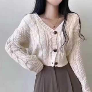 Cable-Knit Cropped V-Neck Cardigan