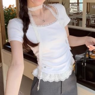 Scoop Neck Lace Trim Short-Sleeved T-Shirt