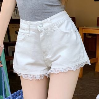 Mid Rise Lace Trim Washed Denim Wide Leg Shorts