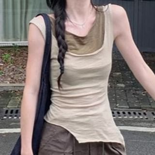 Crew Neck Mock Two Piece Asymmetrical Tank Top / Drawstring Waist Plain Baggy Cargo Pants