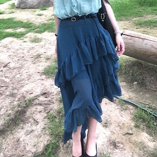 Ruffle V-Neck Cami and Plaid Asymmetrical Maxi Skirt Set
