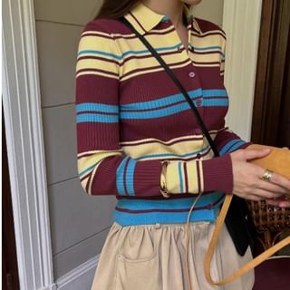 Striped Collared Cropped Cardigan