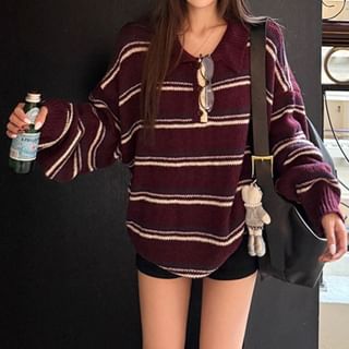 Striped Collared Sweater with Contrast Trim Detail