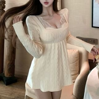 Square-Neck Cable Knit Peplum Top and Lace Crop Tank Duo