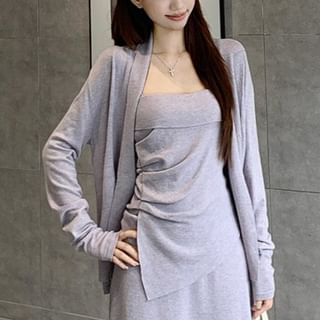 Asymmetrical Slim-Fit Cami Top with Maxi A-Line Skirt and Open Front Cardigan in Plain Design