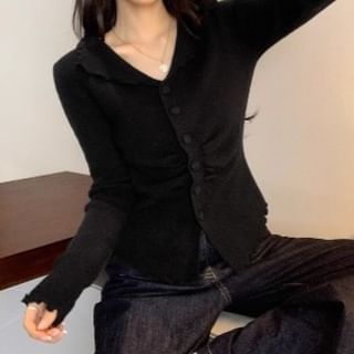 Split Neck Lettuce Edge Ruched Button-Up Plain Crop Cardigan