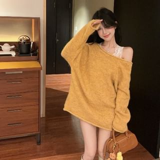 V-Neck Lace Panel Plain Sweater