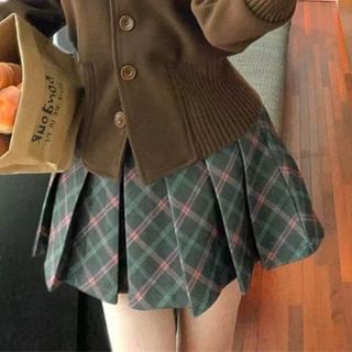 Mock Neck Button-Up Crop Jacket and Tartan Pleated Mini Skirt