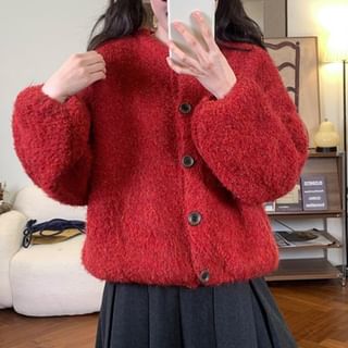 Puff-Sleeve Crew Neck Plain Cardigan