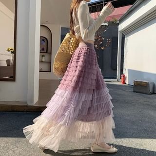 Gradient Tiered Ruffle Mesh Maxi Skirt