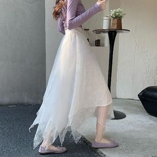 Asymmetrical Lace Panel Midi Skirt