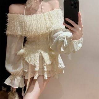 Long Sleeve Off Shoulder Lace Top & Mini Tiered Skirt
