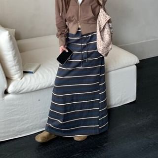 Zip-Up Hoodie and Striped Maxi A-Line Skirt Set