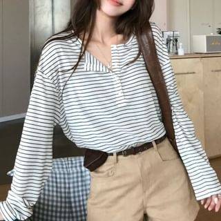 Striped Henley Tee & High-Waist Shorts Set