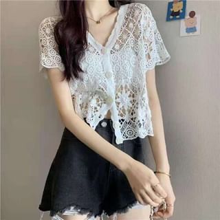 Short Sleeve V-Neck Knit Top with Crochet Detail