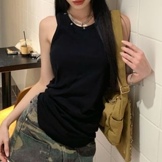 Crew Neck Plain Studded Tank Top / High Waist Camo Print Mini Pencil Skirt