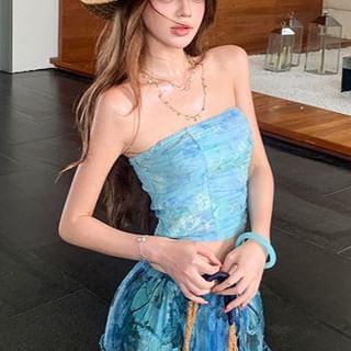 Tie Dye Ruched Crop Tube Top / Drawstring Waist Frill Trim Maxi A-Line Skirt