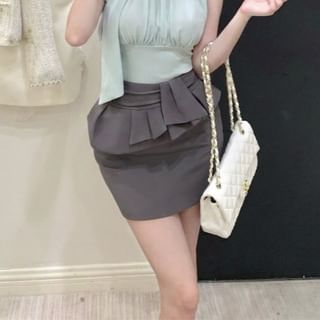 Sleeveless Tie Neck Plain Gathered Top / Camisole Top / High Waist Plain Pleated Peplum Mini Pencil Skirt / Set