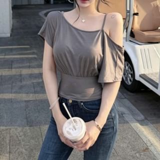 Elbow-Sleeve Cold Shoulder Plain Crop Top