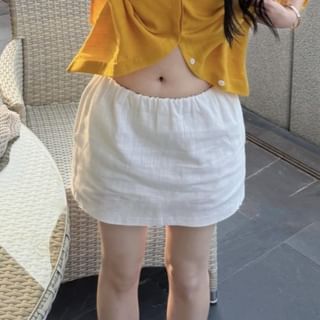 Long-Sleeve Drop-Shoulder Plain Shirt / High Waist Mini Straight Skirt
