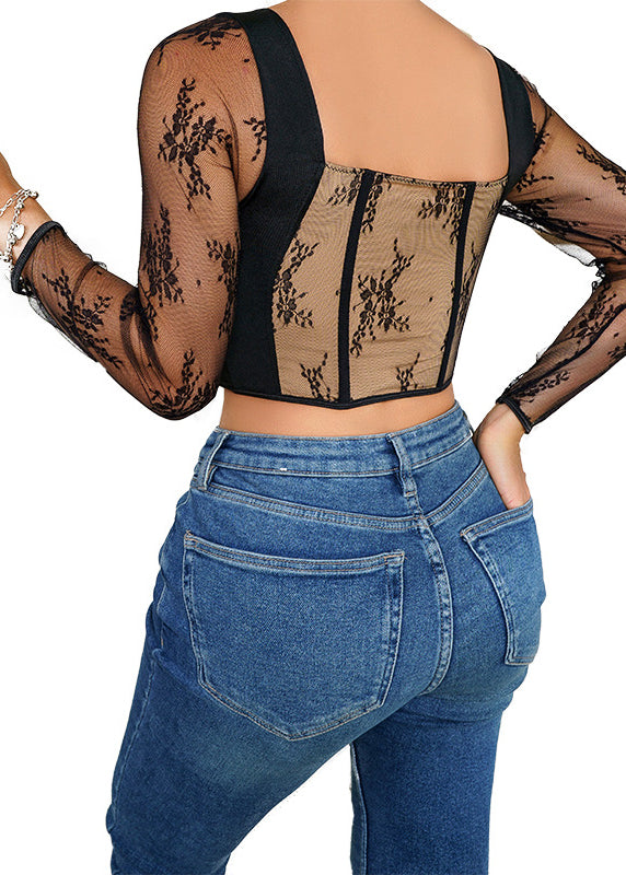Hollow Patchwork Black Top Lace Casual Tight Out Fitting Design