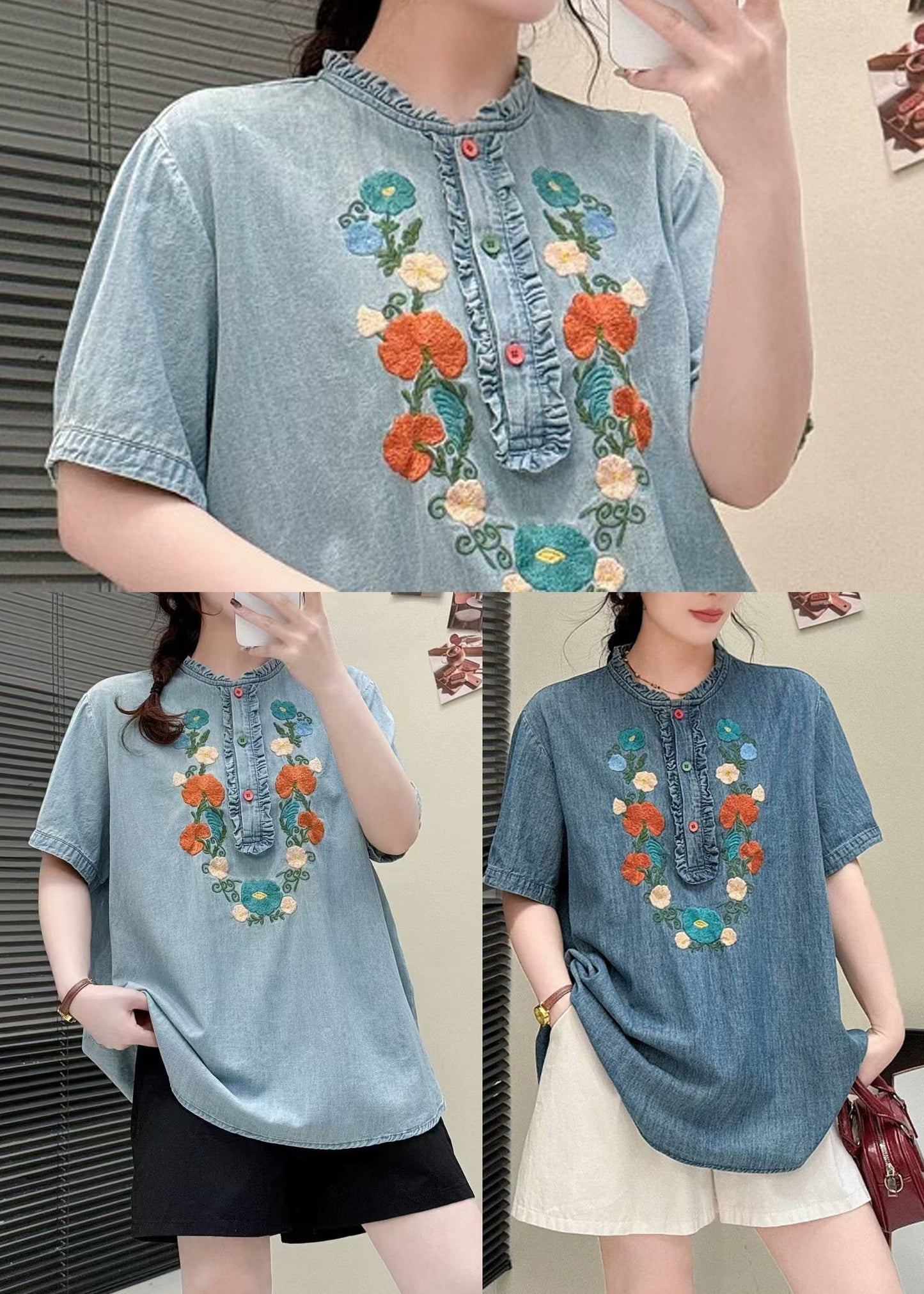 Light Summer Blouses Ruffled Denim Blue Embroidered